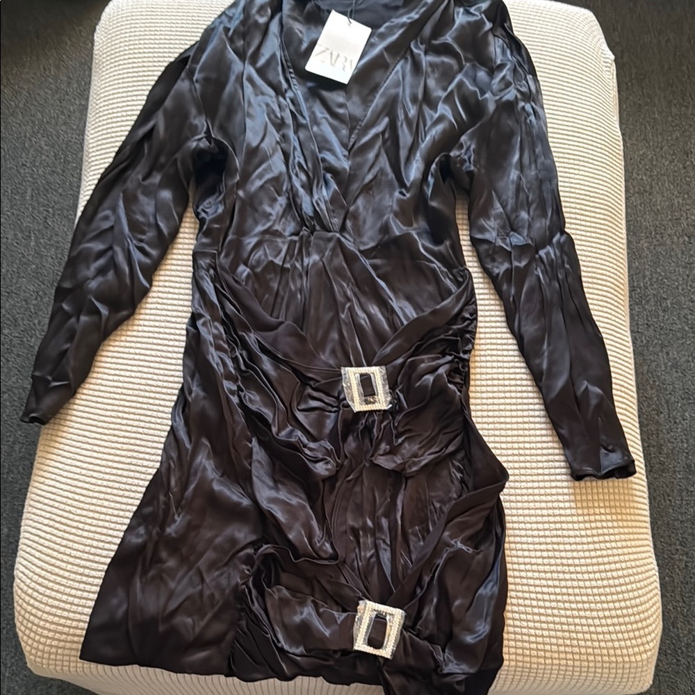 Zara Black Satin Dress with Rhinestone Buckles nwt xxl fits like xl no stretch